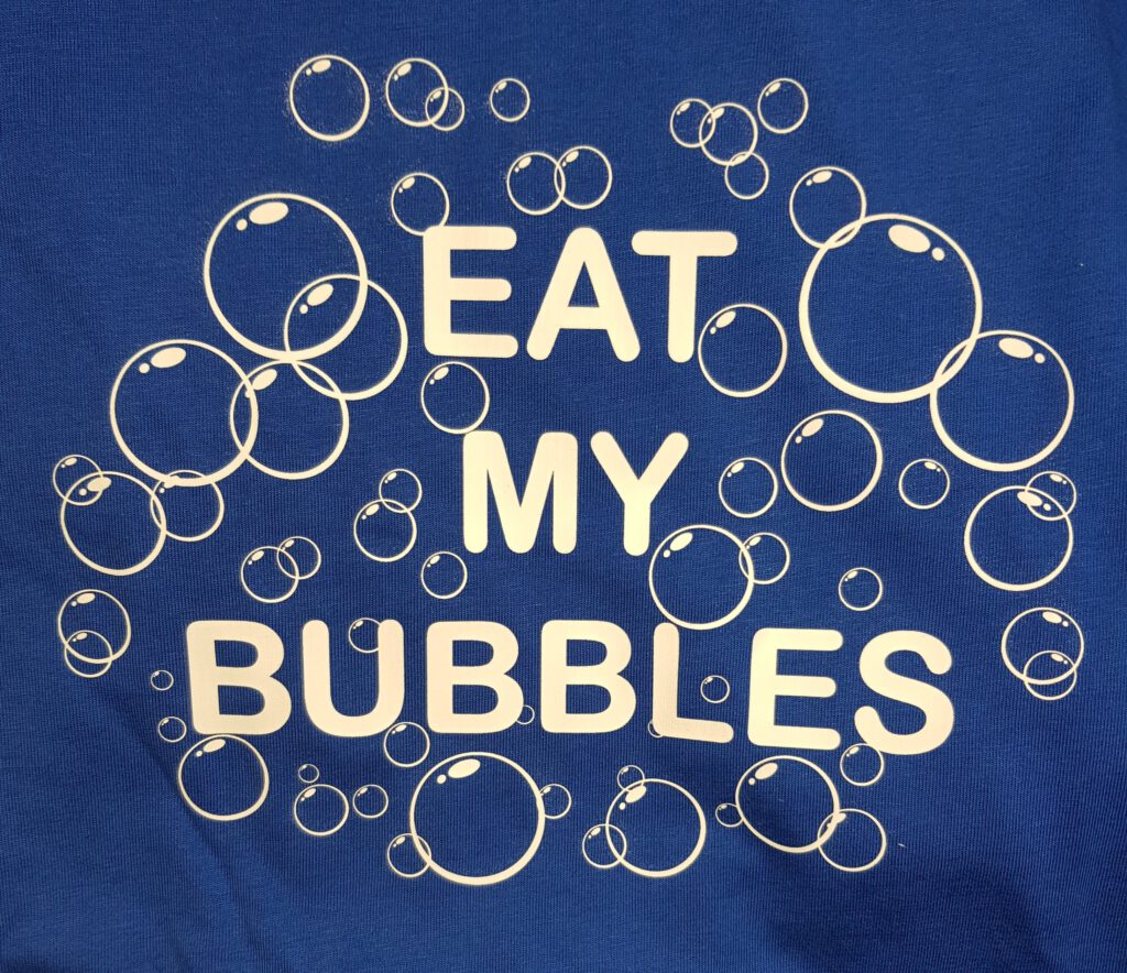 SCSA-T-Shirt dunkelblau, Rückseite: eat my bubbles